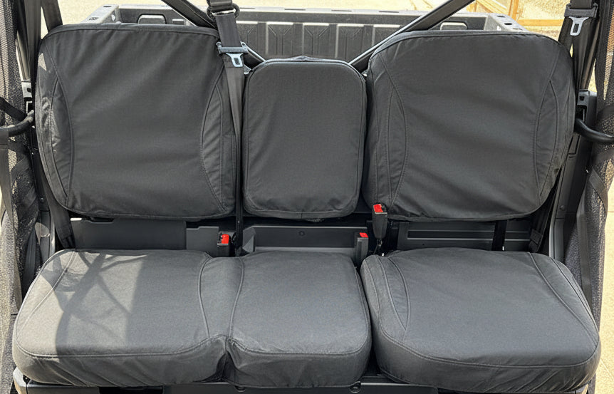 Close-up of Armadillo 12oz canvas seat cover material fitted to a CFMoto U10 Pro and U10 Highland, highlighting the durable construction and tailored fit.