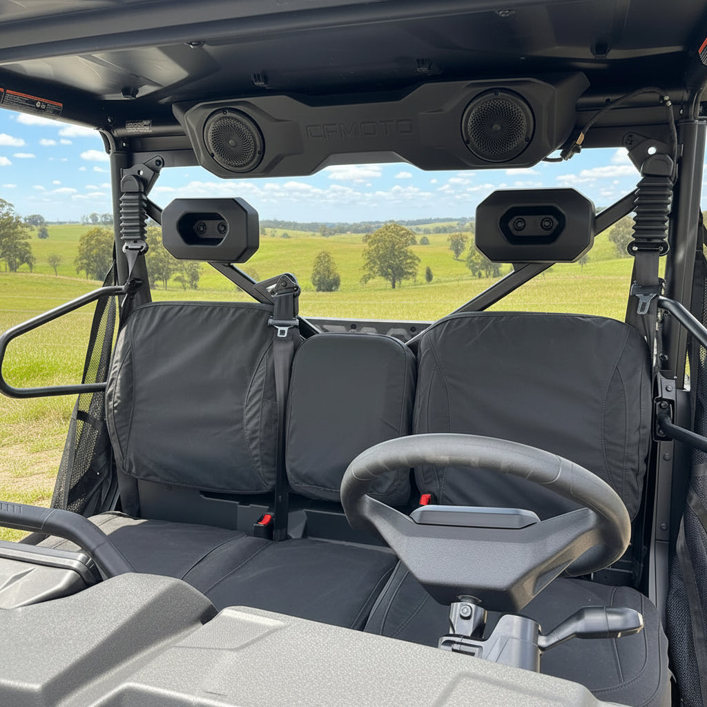 CFMoto U10 Pro and Highland front row Armadillo canvas seat covers installed, heavy-duty seat protection for farming, hunting and recreational use.