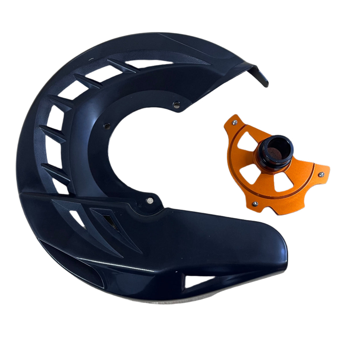 Complete KTM front brake disc guard kit including aluminium hub, polypropylene cover, and screws