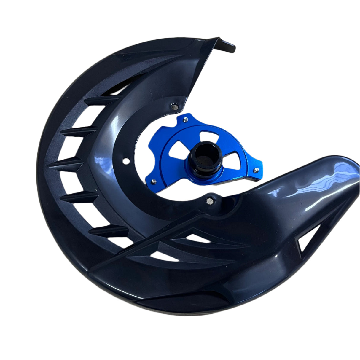 Blue anodised CNC-machined aluminium hub for Husqvarna brake disc guard