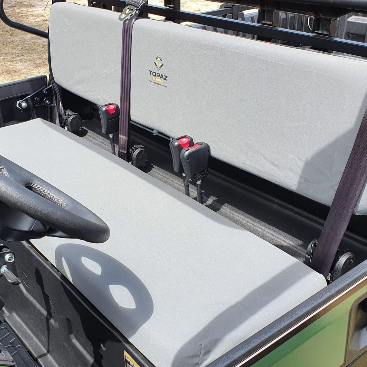 Durable canvas seat cover for Kawasaki KAF820, KAF1000 PRO FXT, and KAF1000 DX Mule, providing protection for seats and rear bench from dirt, mud, and UV damage.