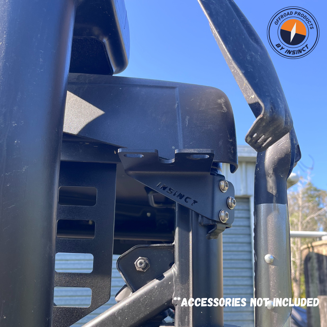 Close-up of InSinct powder-coated stainless steel rear worklight & aerial bracket