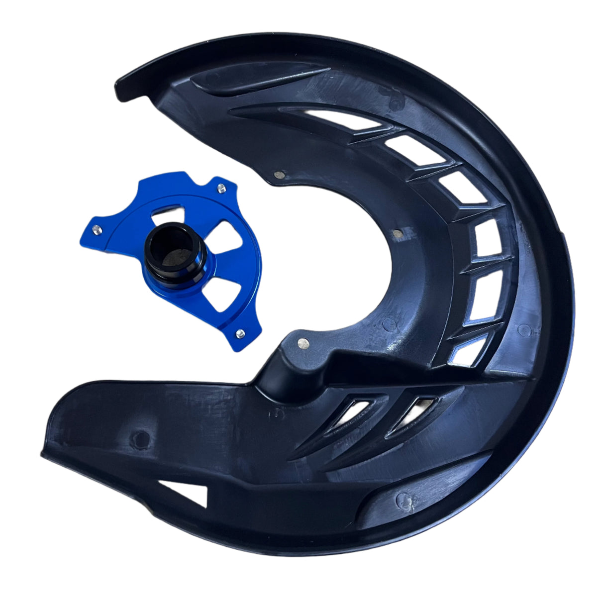 Brake disc guard kit including blue CNC hub, black shield, and mounting screws