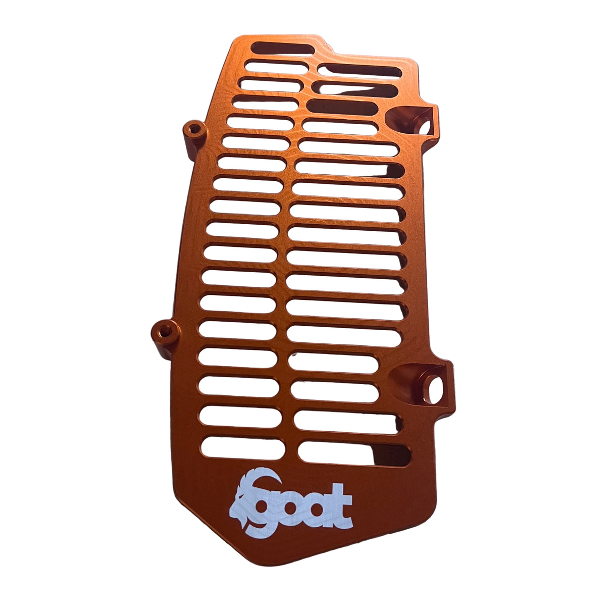 Macro view of the orange anodized CNC finish on a unibody radiator guard, showcasing its textured surface and precision machining