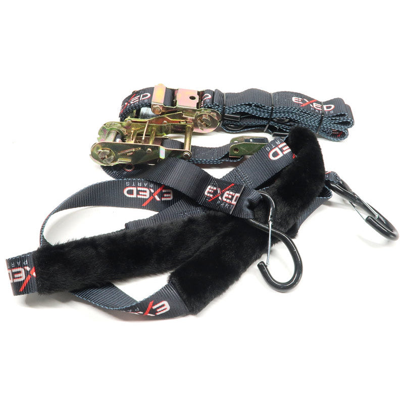 Heavy-duty motorcycle tie down strap with fur handles and carabiner hook