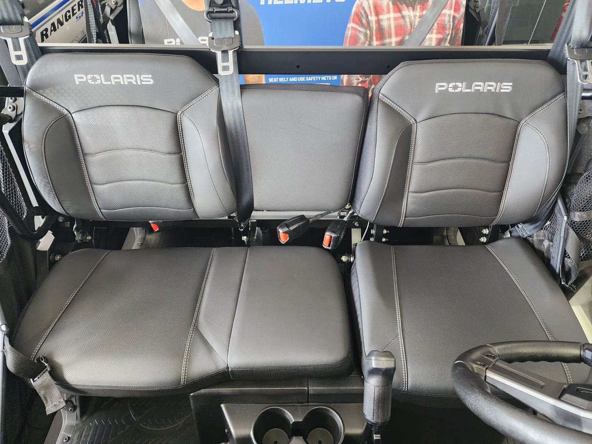 Original bolstered seats of Polaris Ranger 1000 XP Petrol 2022 model without canvas seat covers installed