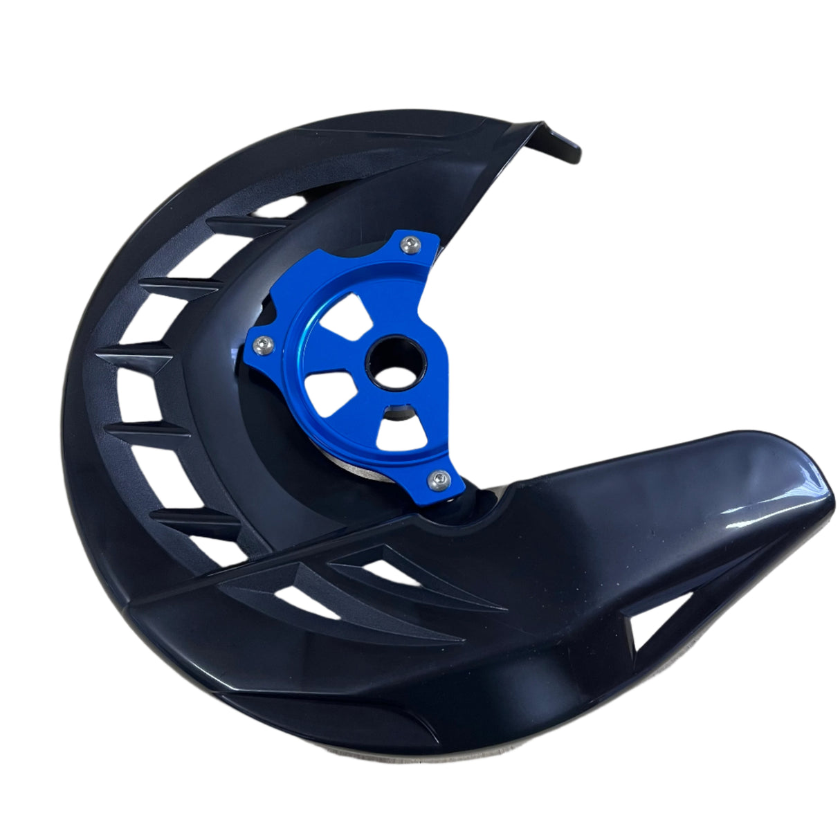 Heavy-duty front brake disc protector for Husqvarna bikes, side angle view