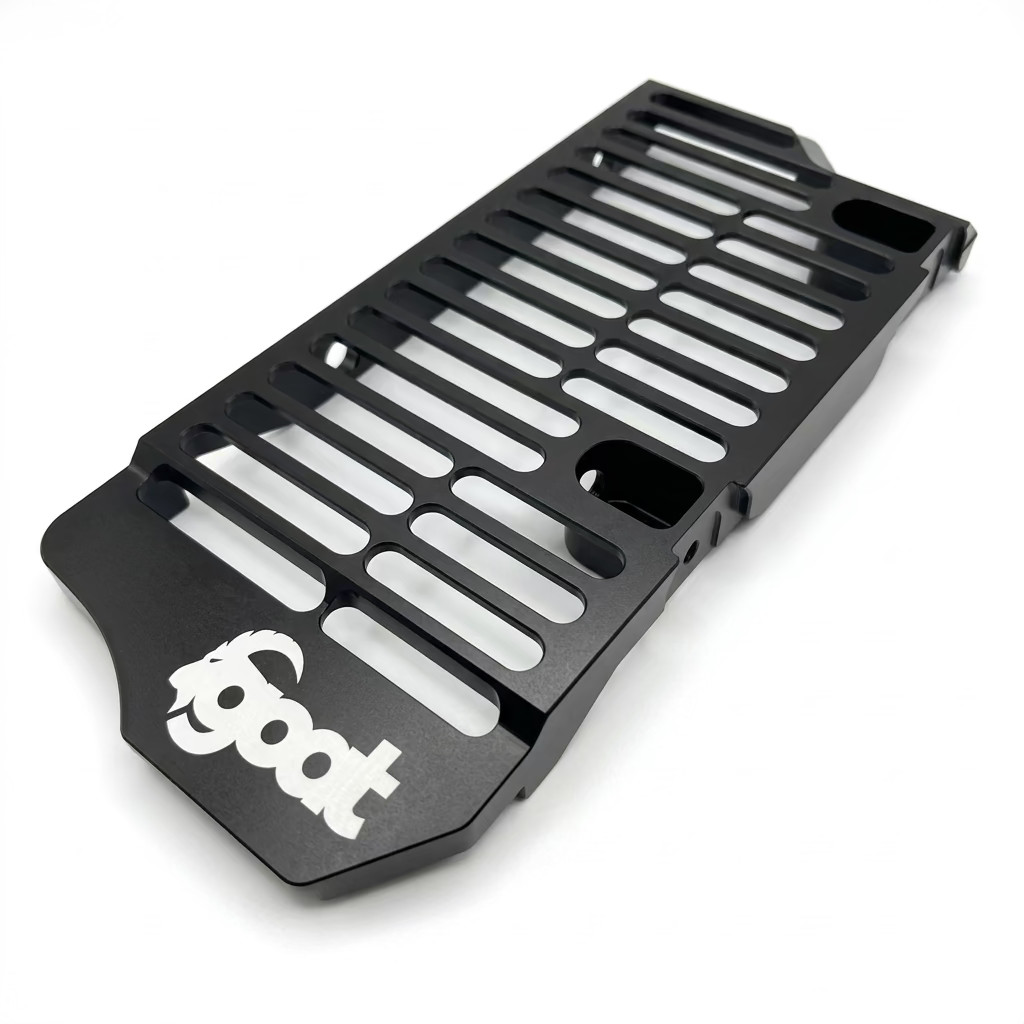 Angled view of GOAT UniBody black CNC-machined aluminium radiator guards for Beta RR 2024+ enduro motorcycles.