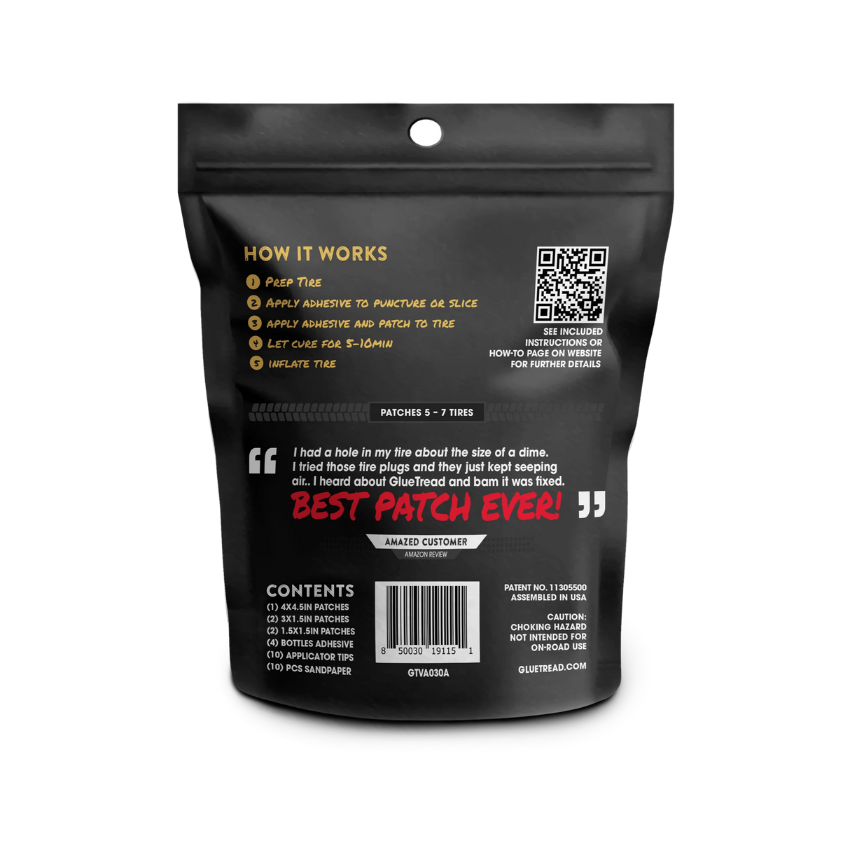 Back of GlueTread SxS Sidewall Repair Kit packaging with details on off-road tyre sidewall repair instructions and specifications