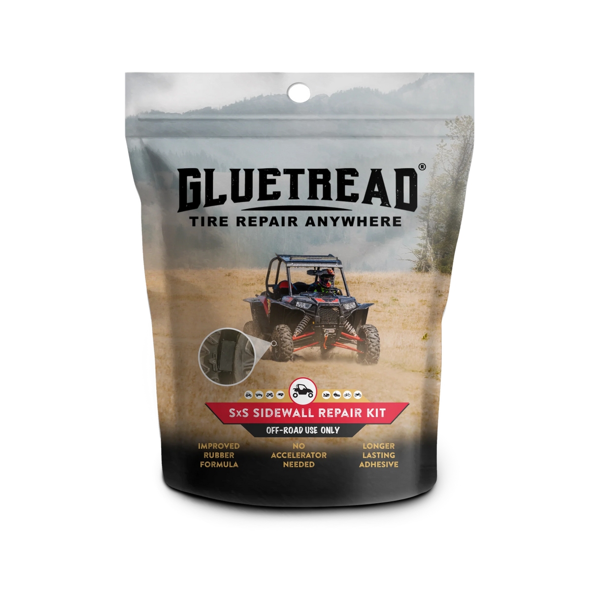 Front of GlueTread SxS Sidewall Repair Kit packaging showing tyre repair solution for off-road SxS, UTV and ATV tyres