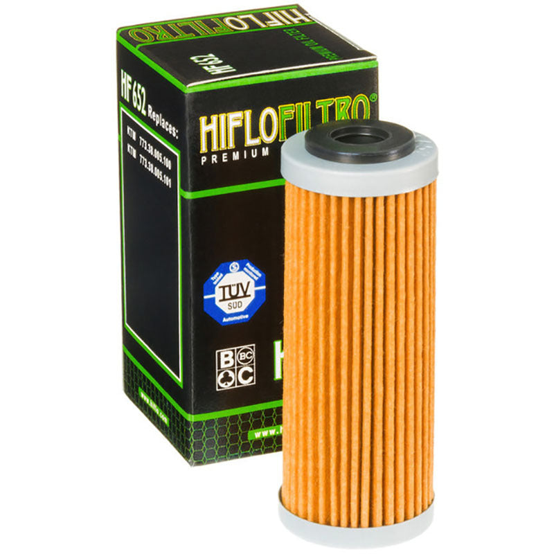 Hiflo HF652 oil filter designed for 4-stroke KTM, Husaberg, and Husqvarna motorcycles, featuring premium construction and TÜV approval.