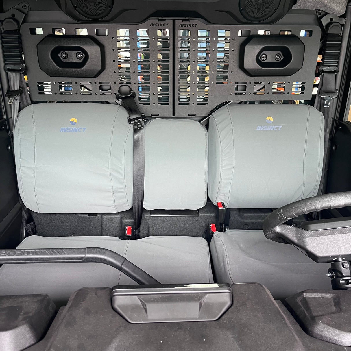 Front view of InSinct canvas seat covers installed on a CFMOTO U10 Pro showing tailored fit and durable canvas construction