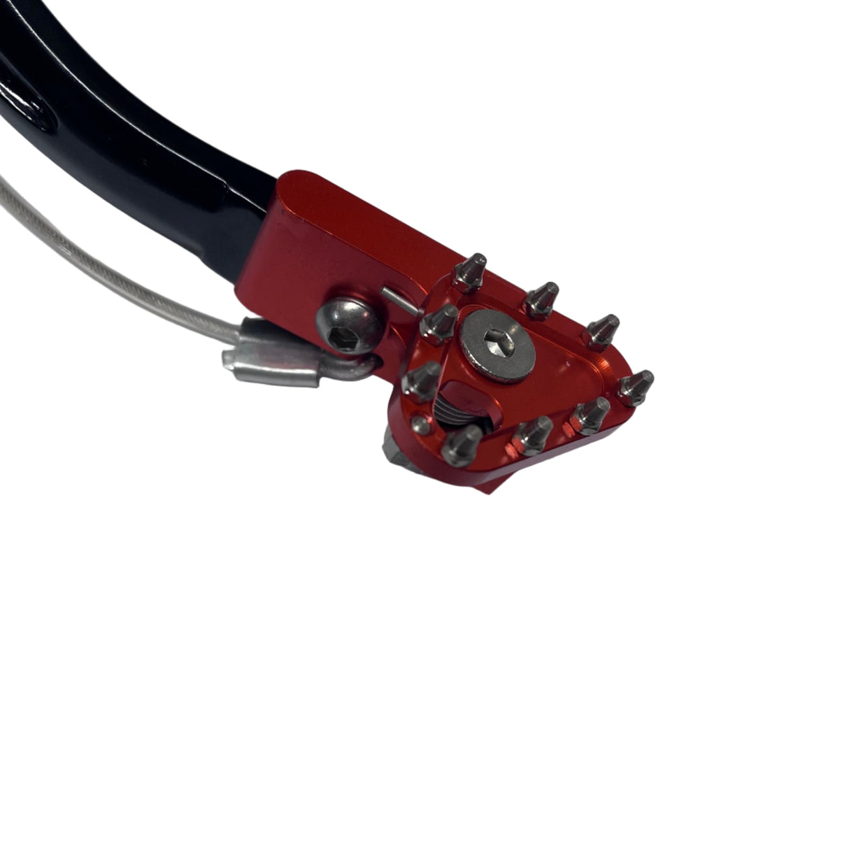 Detailed shot of durable, reinforced brake pedal for KTM enduro motorcycles