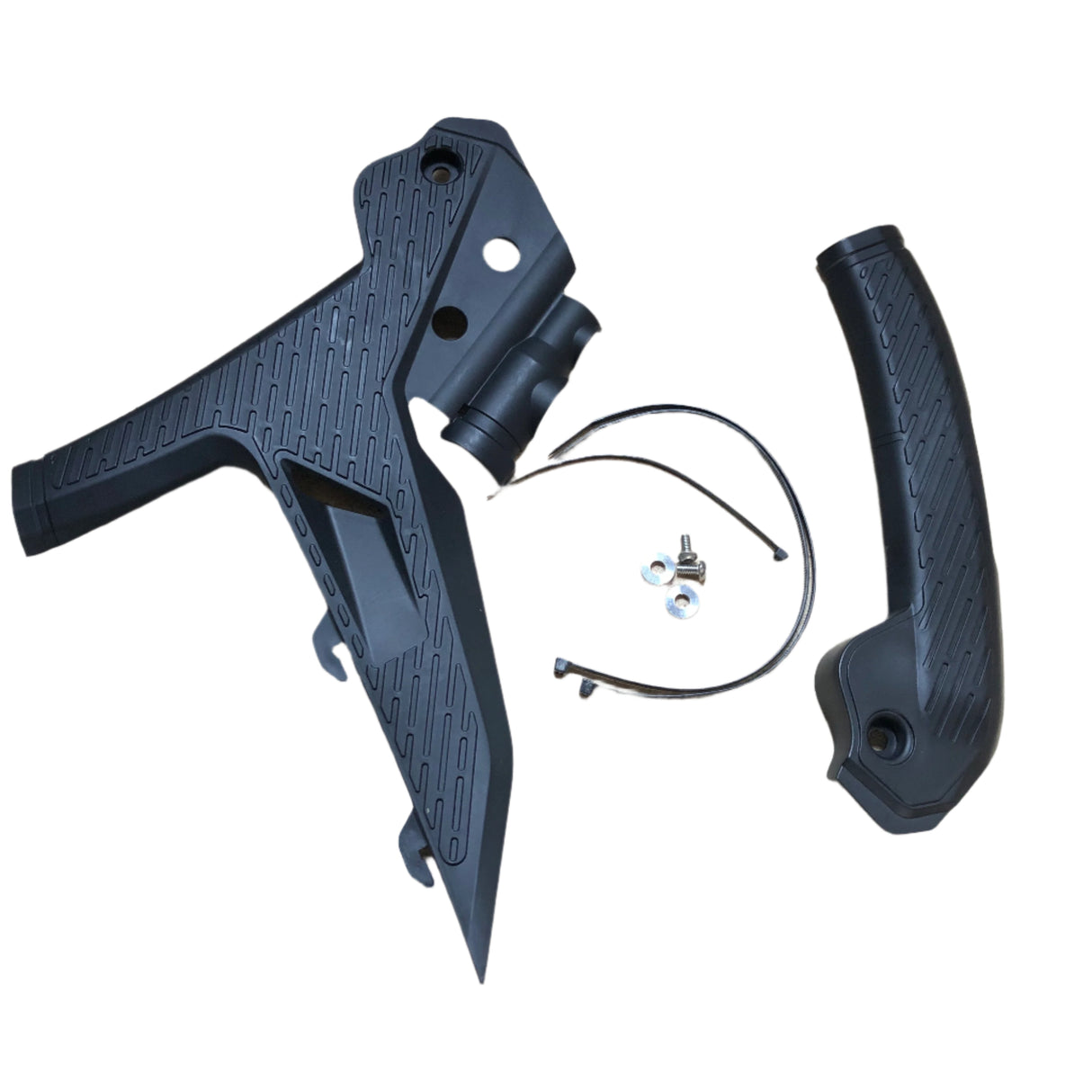 Black plastic frame guards for KTM 125–500 2023–2024 models on display