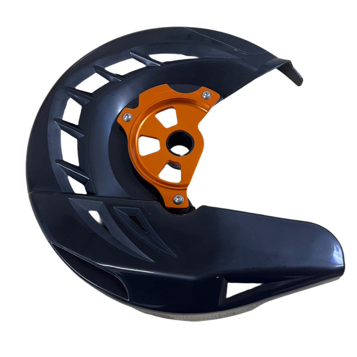Front view of front brake disc guard with orange CNC aluminium hub and black polypropylene cover for KTM 125–530 (2015–2024)