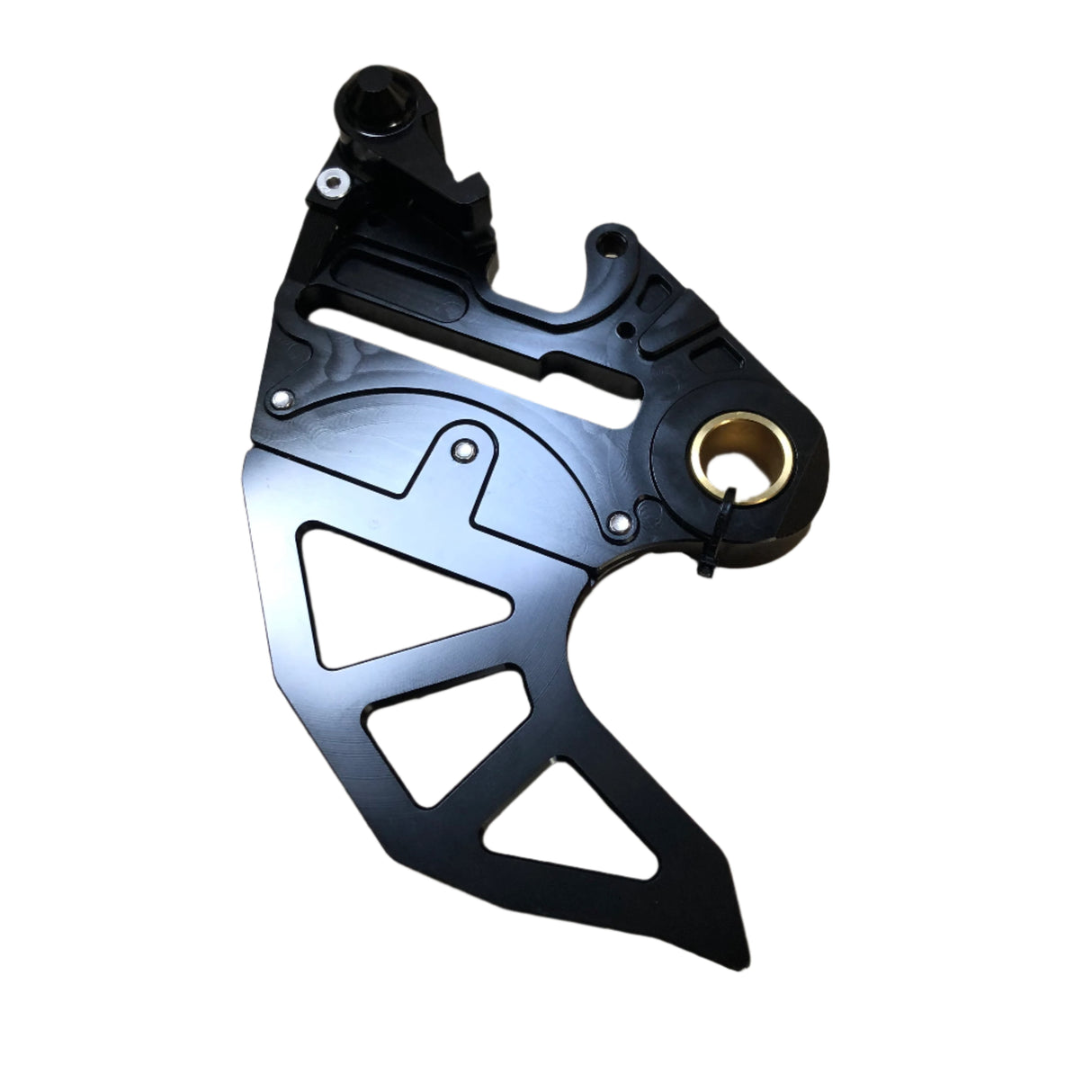 Anodized black rear disc protector with caliper support for KTM