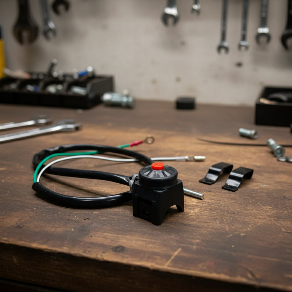 Detailed shot of the kill switch wiring harness and connector designed for rugged off-road conditions, highlighting build quality and fitment.