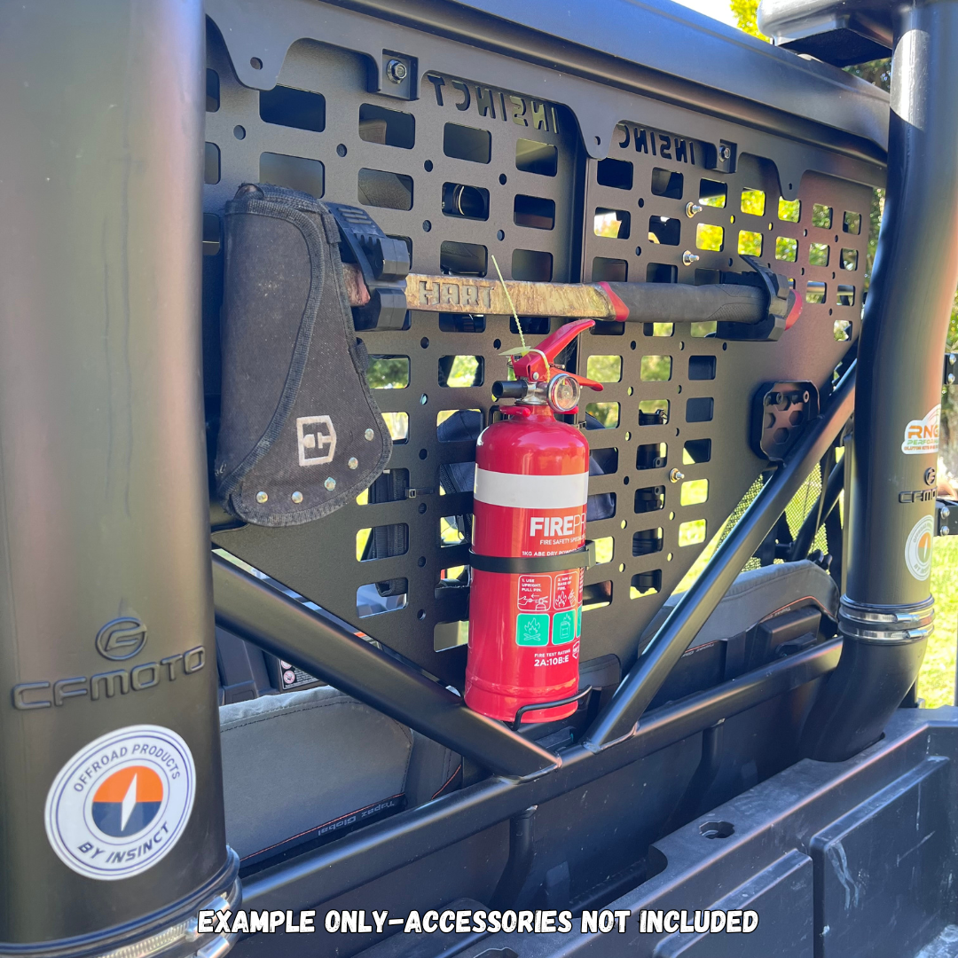 UForce 600 rear MOLLE panel holding an axe and fire extinguisher behind seat