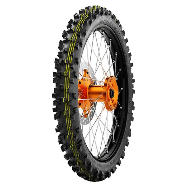 Metzeler MCE 6 Days Extreme Super Soft 90/100-21 front tyre showing sidewall branding and extreme enduro design