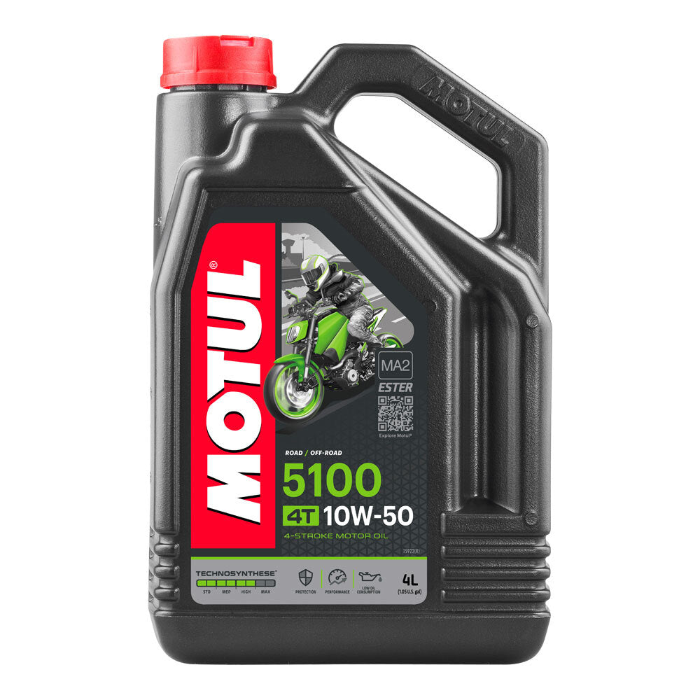 Motul 5100 10W-50 4L semi-synthetic motorcycle engine oil bottle for 4-stroke road, adventure, and enduro bikes