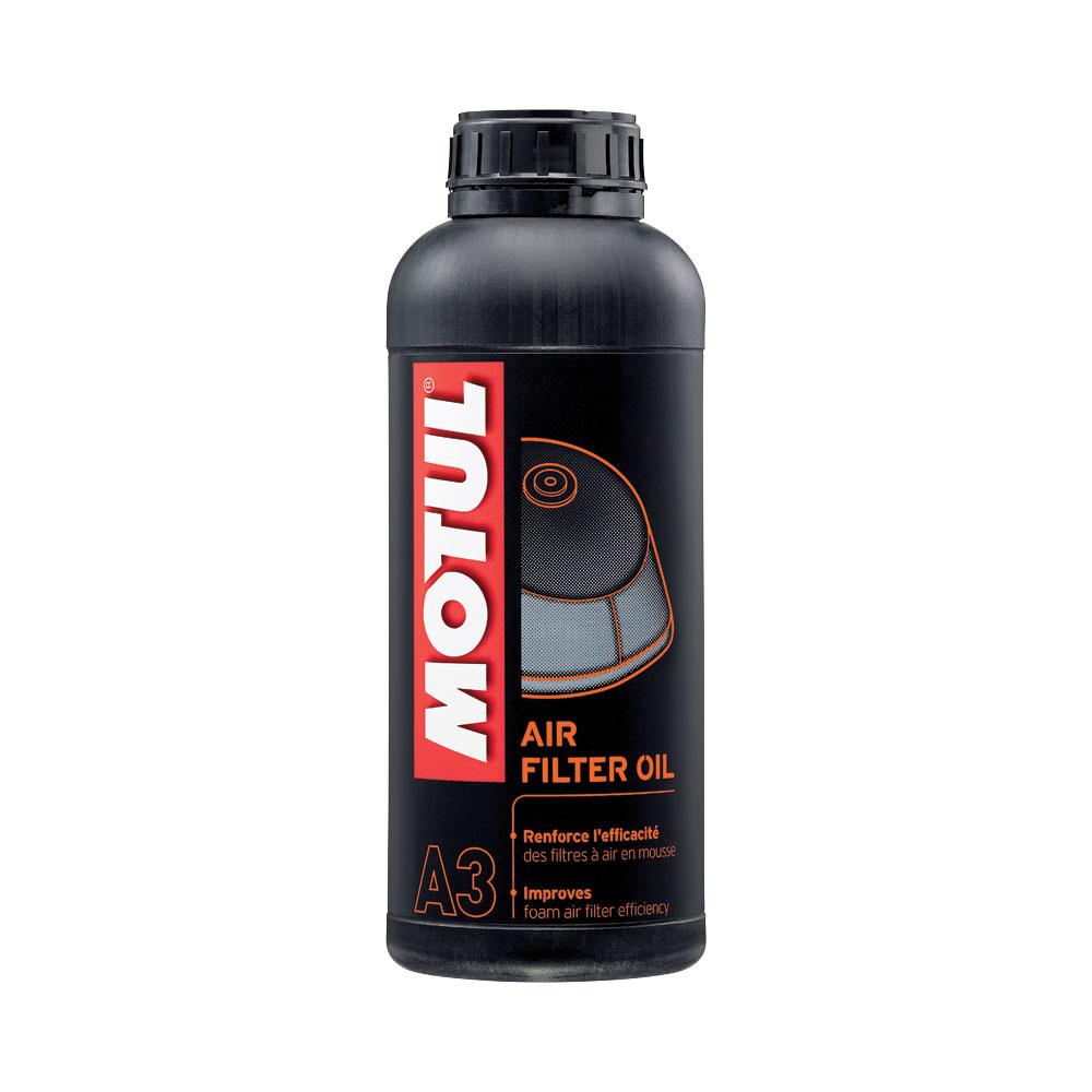 Motul Air Filter Oil, designed for off-road motorcycles and quadbikes, efficiently retains dust, mud, and sand, improving engine life and power output. Blue for easy application.