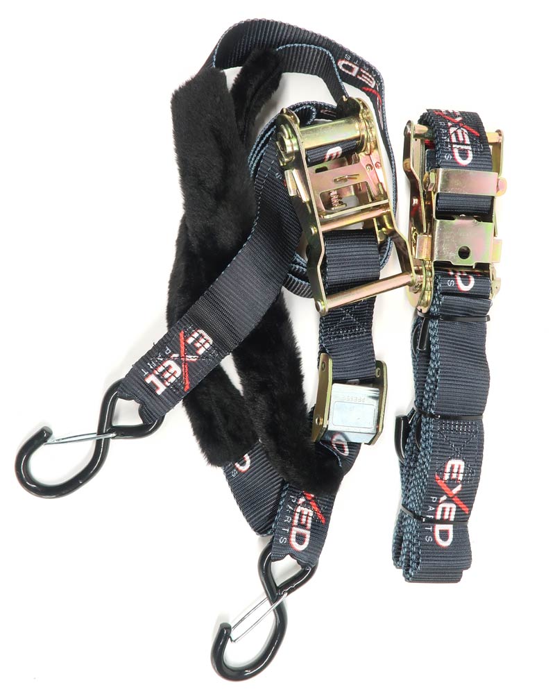Motorcycle tie down strap featuring soft straps and rubberized S-hook