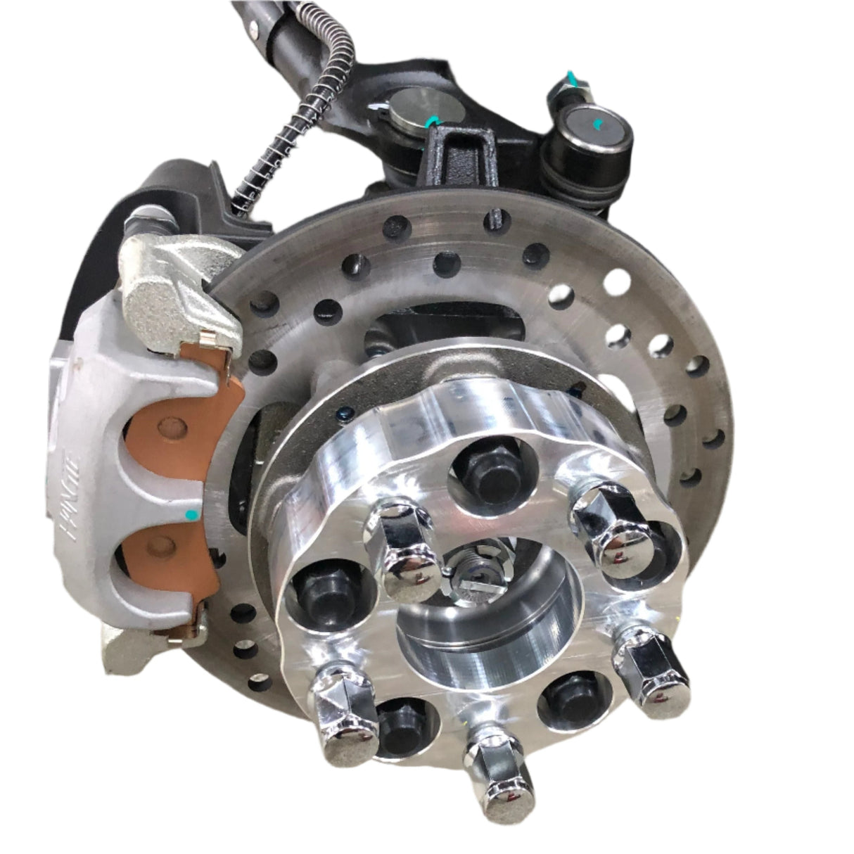 CFMoto U10 Pro with wheel spacers installed close up, showing fitment to front wheel