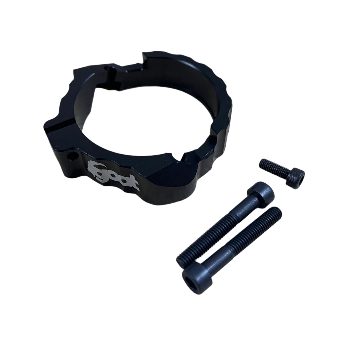 Front angled view of the exhaust flange guard for KTM and Husqvarna 250/300 (2017–2024), showing its precision-machined design.