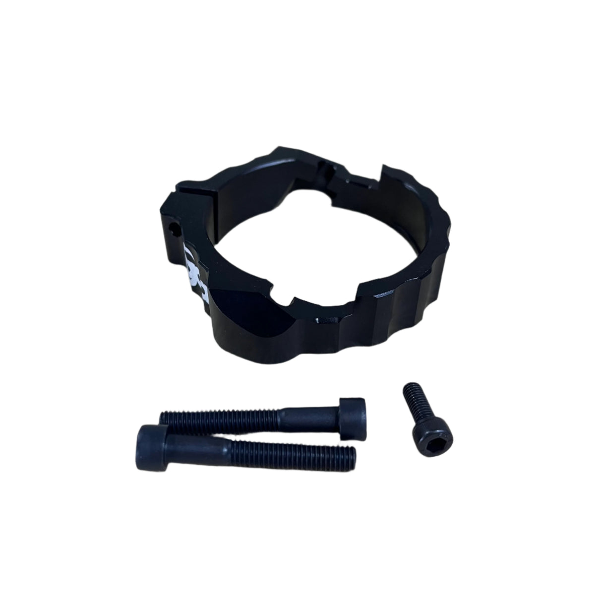 Rear view of the exhaust flange guard made from anodized 6082-T6 aluminium, designed to protect the flange from impact damage.