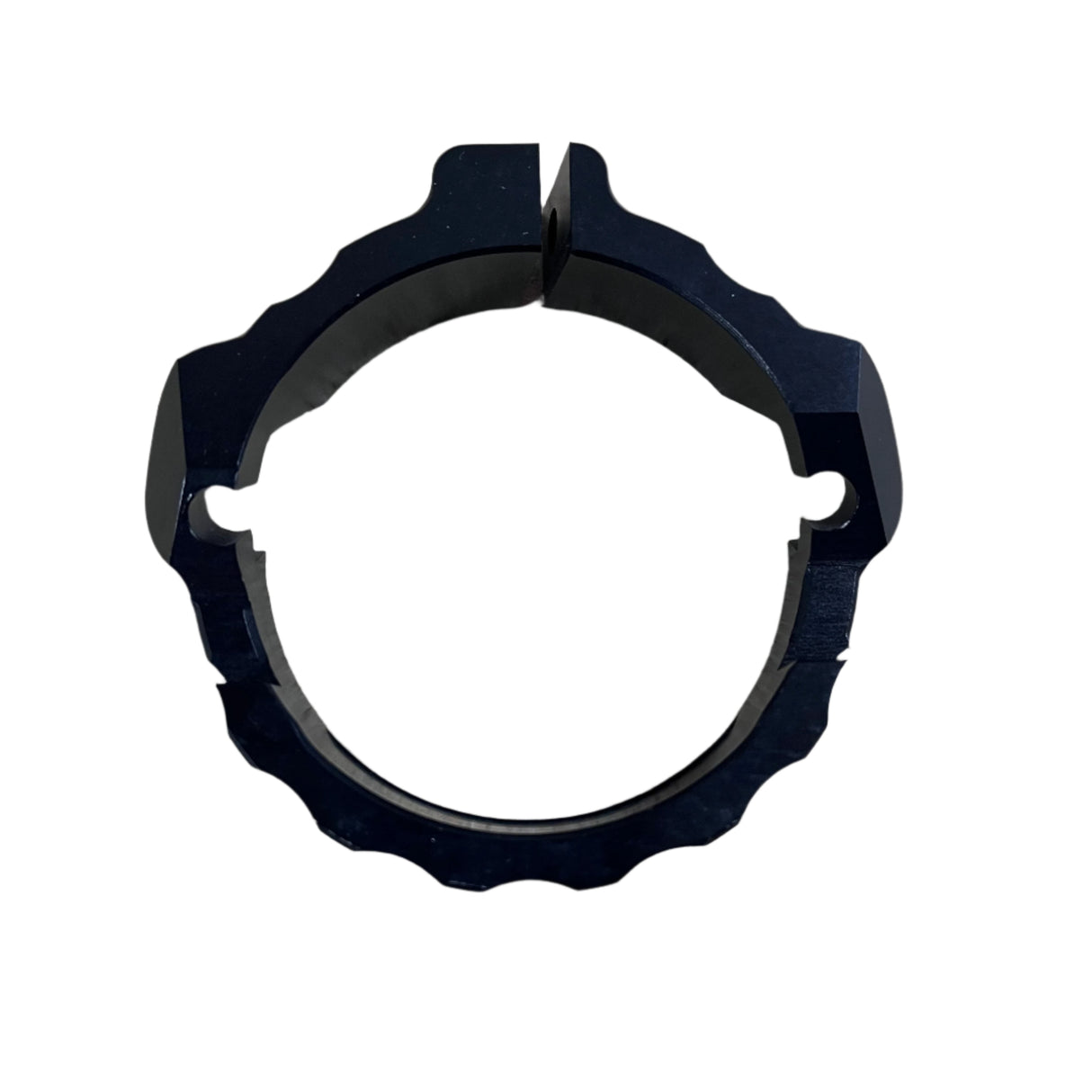 Underside view of the exhaust flange guard showing internal machining and surface finish for KTM & Husqvarna 250/300 (2017–2024)