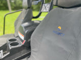 Close-up of stitching on Australian-made canvas seat covers for the CFMoto UForce 800