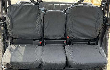 Close-up of Armadillo 12oz canvas seat cover material fitted to a CFMoto U10 Pro and U10 Highland, highlighting the durable construction and tailored fit.