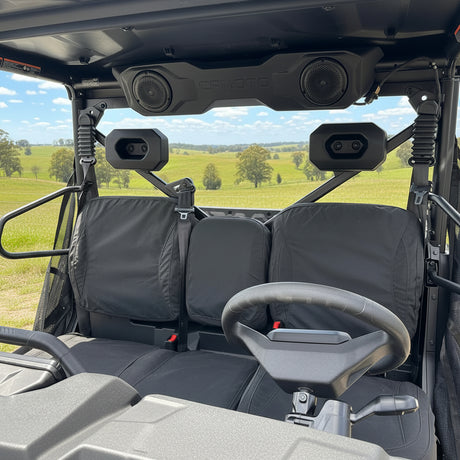 CFMoto U10 Pro and Highland front row Armadillo canvas seat covers installed, heavy-duty seat protection for farming, hunting and recreational use.