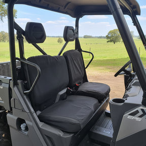 CFMoto UForce 600 and 800XL front row Armadillo canvas seat covers installed, heavy-duty seat protection for farming, hunting and recreational use.