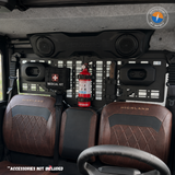 Functional UTV storage setup with vertically mounted fire extinguisher, medical kit and secure MOLLE-compatible accessories for the CFMoto U10 Pro.