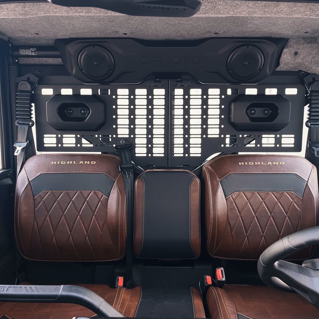 Premium rear MOLLE panel setup for the CFMoto U10 Pro featuring practical storage solutions for off-road, farming and touring applications.