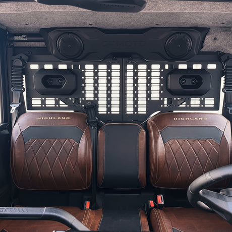 Premium rear MOLLE panel setup for the CFMoto U10 Pro featuring practical storage solutions for off-road, farming and touring applications.