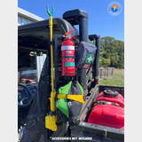 Stainless steel MOLLE storage panel mounted to the roll frame of a CFMoto UForce 600 for tools and gear