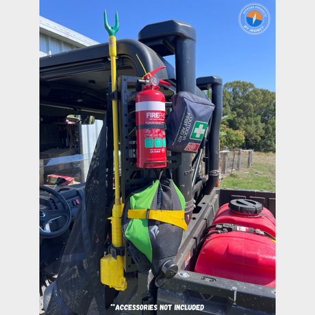 Stainless steel MOLLE storage panel mounted to the roll frame of a CFMoto UForce 600 for tools and gear