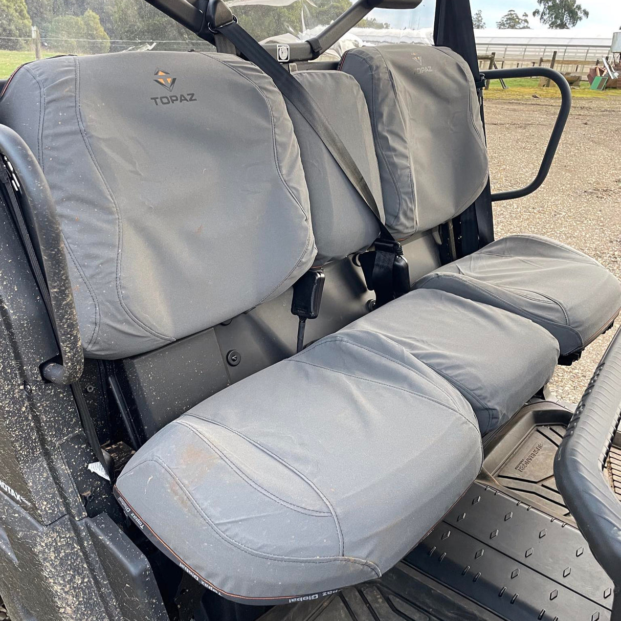 Durable canvas seat covers designed for Can-Am Defender X MR and XT-P models with bolstered seats, offering a snug fit and maximum protection.
