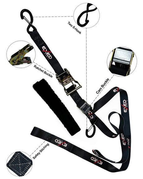 Trailer-ready motorcycle strap with extended length for secure fit