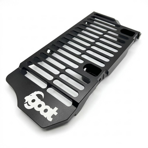 Angled view of GOAT UniBody black CNC-machined aluminium radiator guards for Beta RR 2024+ enduro motorcycles.