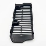 Close-up of GOAT UniBody radiator guards showing the ventilated aluminium construction, black anodised finish and protective design for Beta RR motorcycles.