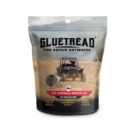 Front of GlueTread SxS Sidewall Repair Kit packaging showing tyre repair solution for off-road SxS, UTV and ATV tyres