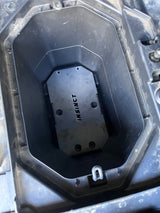 Installed Auxiliary Dual Battery Tray in a CFMoto UForce 600, showing the tray’s precise fit and rust-resistant finish in an off-road environment