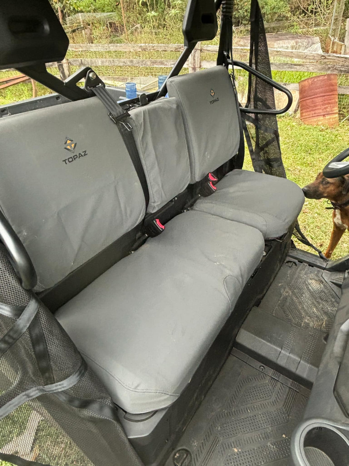 Close-up of the Australian-made canvas seat covers on a CFMoto UForce 1000, highlighting water-resistant fabric and precise fit.