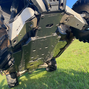 Front angle view of the InSinct 5mm aluminium underbody skid plate installed on a CFMoto UForce 600.