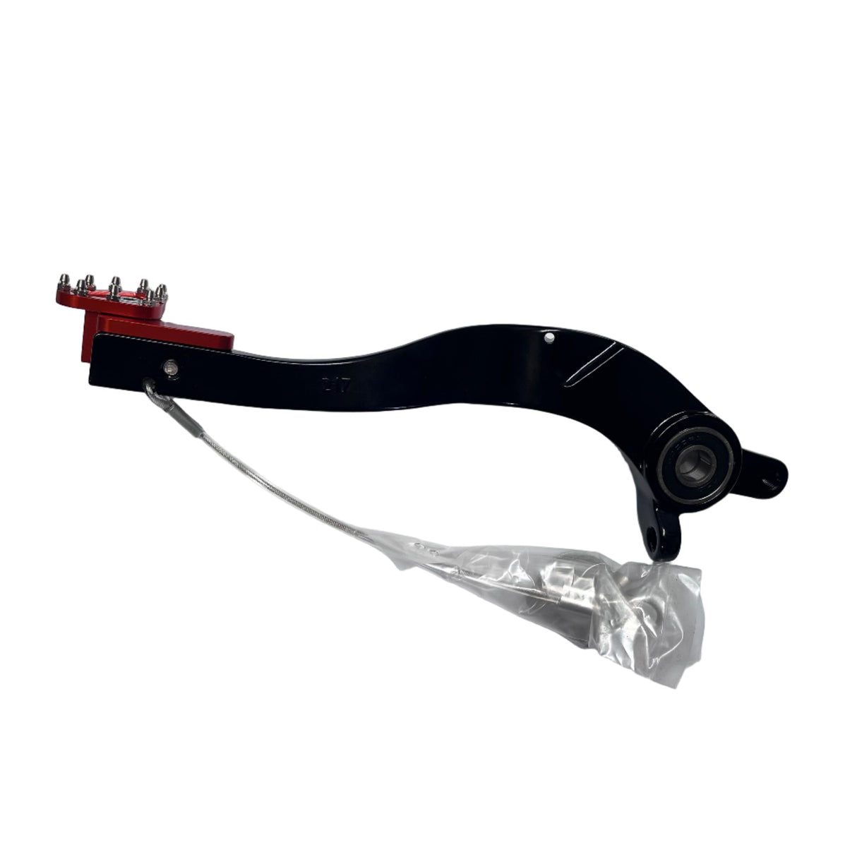 Side profile showing larger, stronger brake pedal fitted on KTM offroad bike