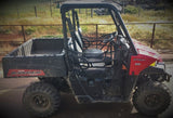 Polaris Ranger 570HD two-seater UTV with handbrake between seats, side view of 2016+ model showing cab layout and utility tray