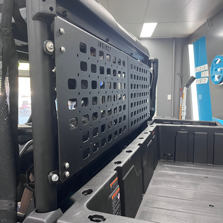 Close-up of aluminium MOLLE panel showing powder-coated finish and stainless fasteners